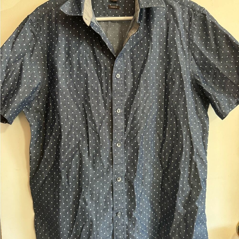 Michael Kors Men's Medium Blue Polka Dot Cotton Button Up Shirt Classic Fit
